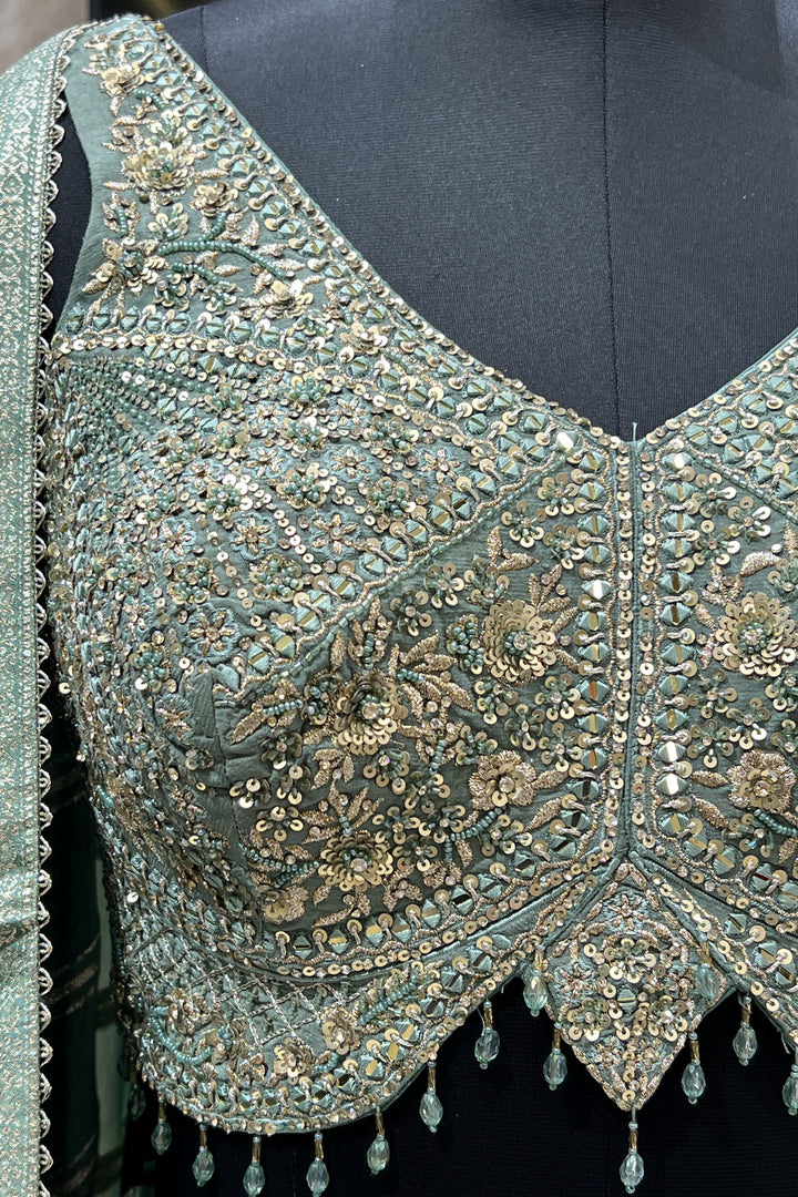 Sea Green Beads, Mirror, Sequins, Zari, Zardozi and Banaras work Crop Top Lehenga