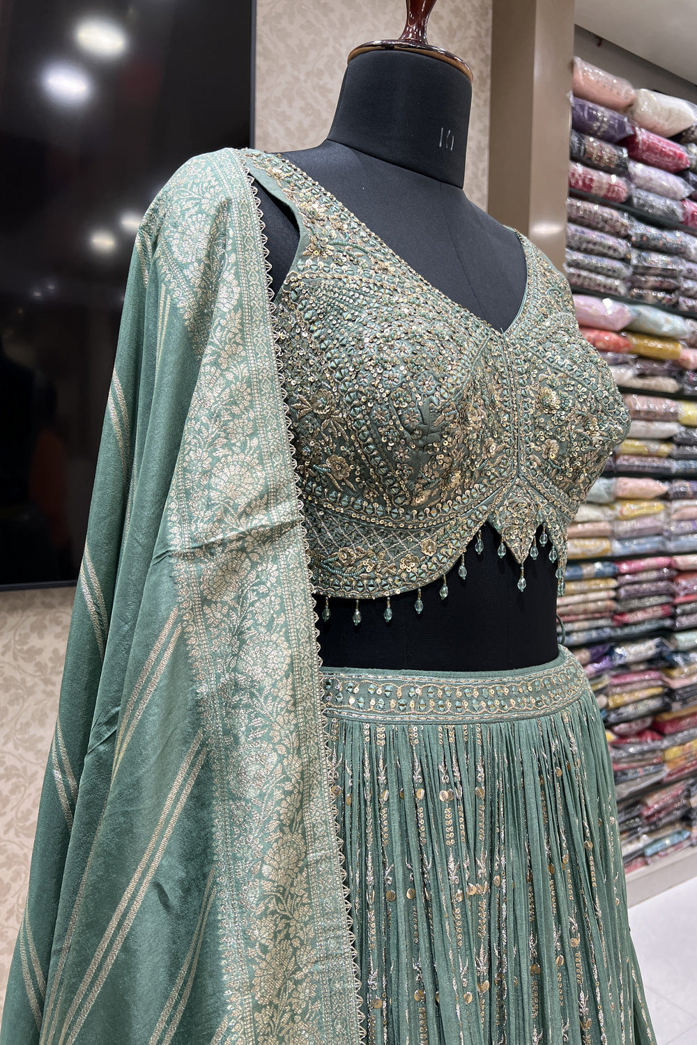 Sea Green Beads, Mirror, Sequins, Zari, Zardozi and Banaras work Crop Top Lehenga