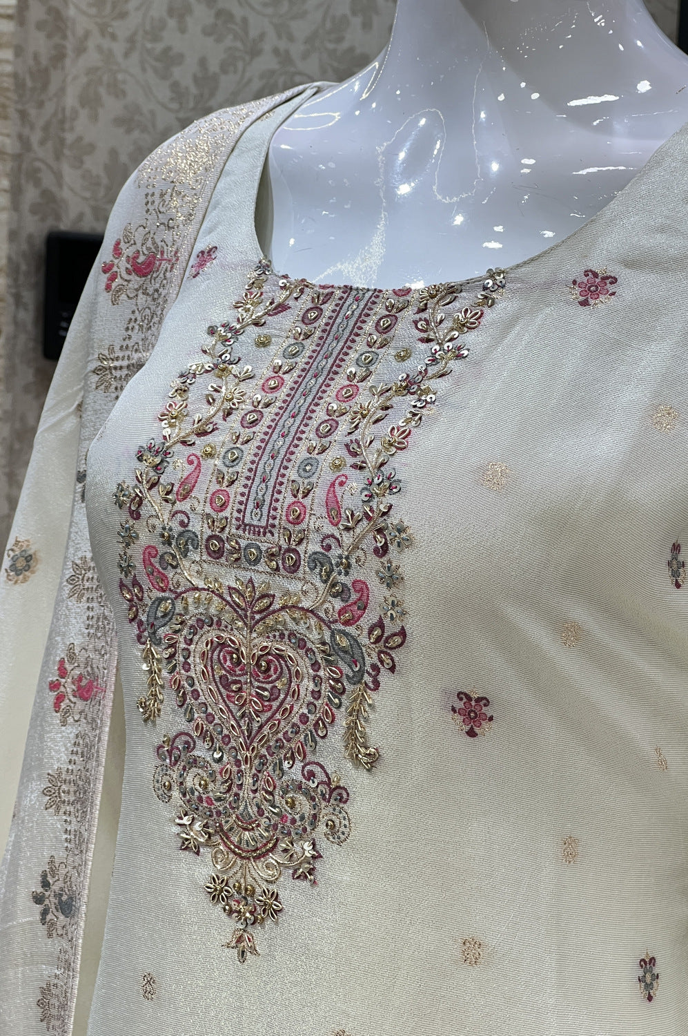 Cream Banaras, Zardozi, Sequins and Stone work Straight Cut Salwar Suit