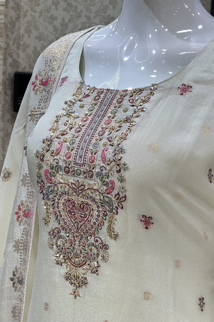 Cream Banaras, Zardozi, Sequins and Stone work Straight Cut Salwar Suit