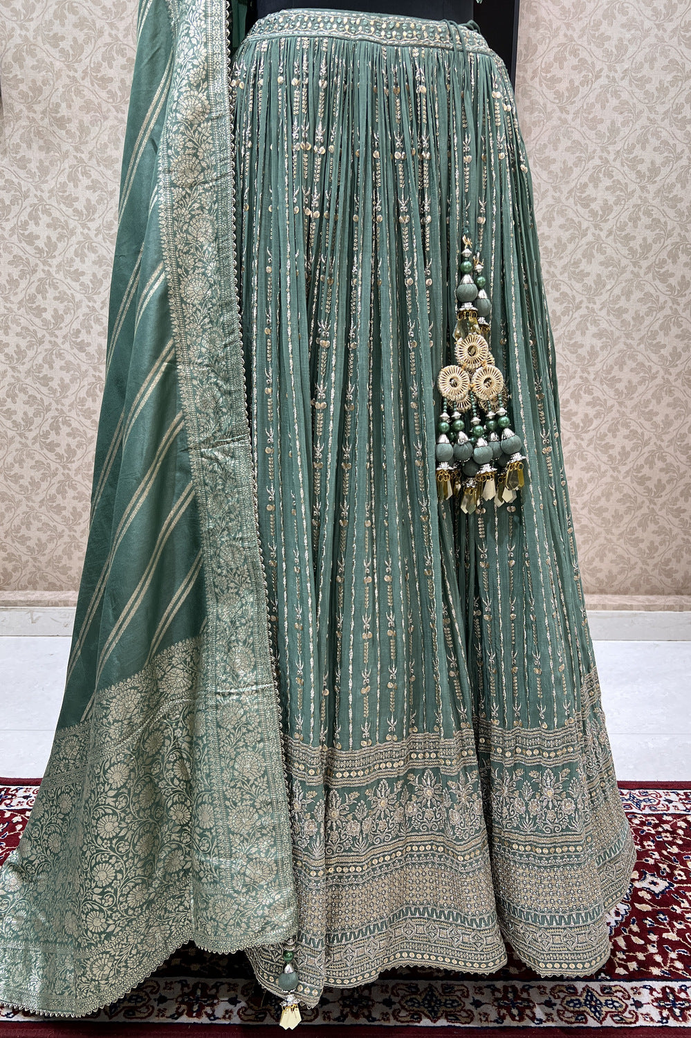 Sea Green Beads, Mirror, Sequins, Zari, Zardozi and Banaras work Crop Top Lehenga