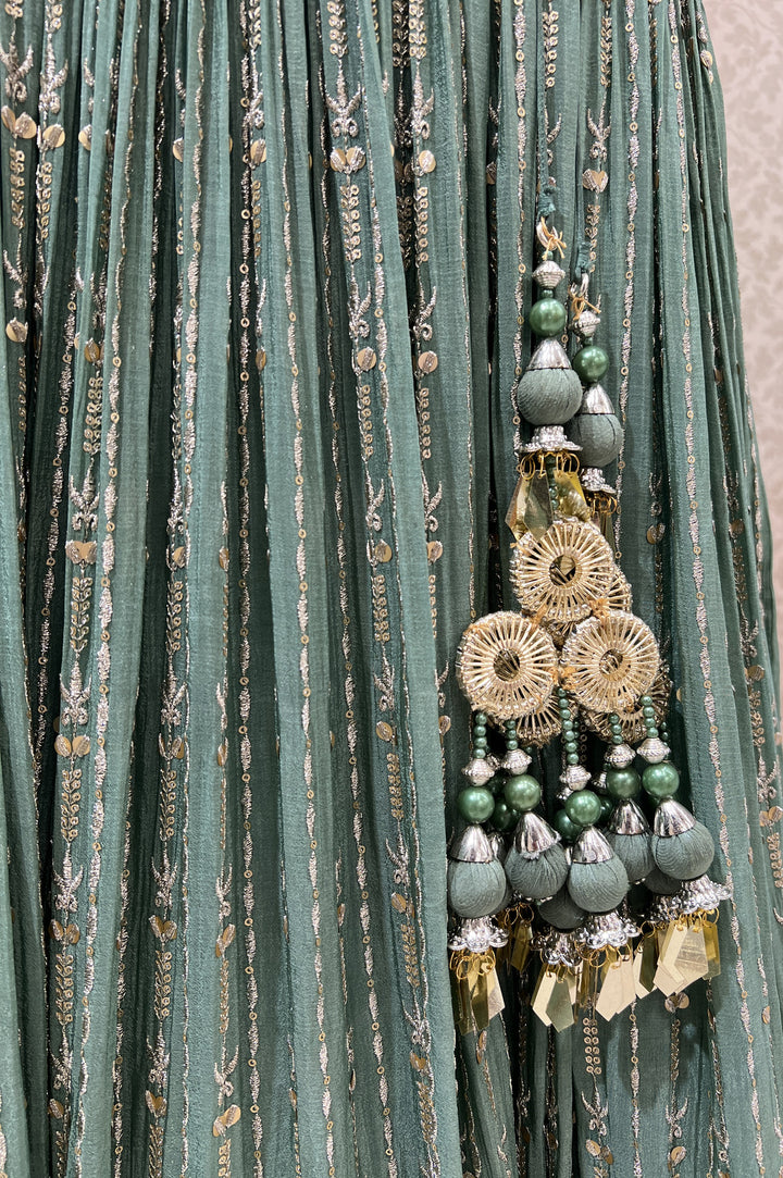 Sea Green Beads, Mirror, Sequins, Zari, Zardozi and Banaras work Crop Top Lehenga