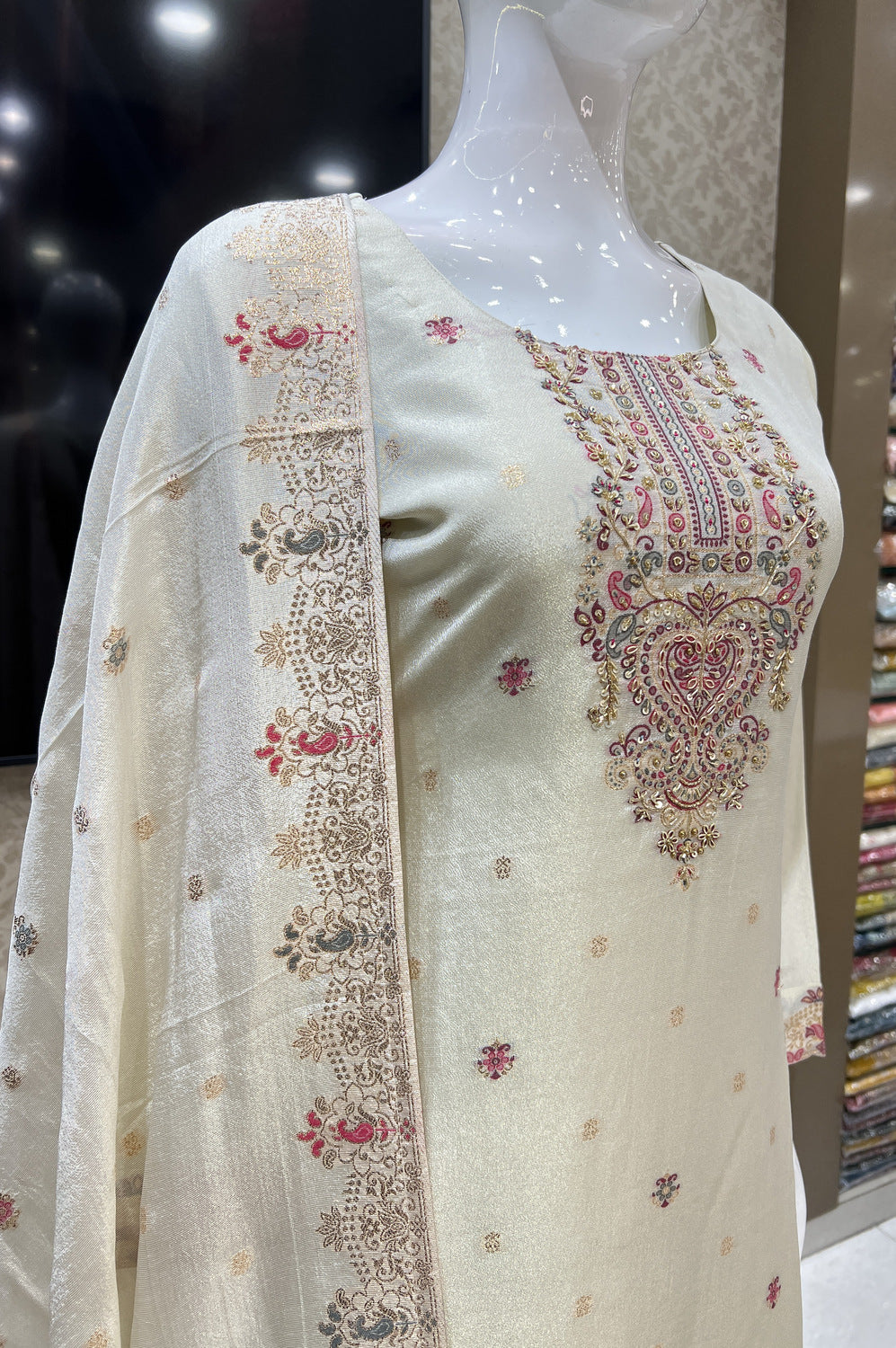 Cream Banaras, Zardozi, Sequins and Stone work Straight Cut Salwar Suit