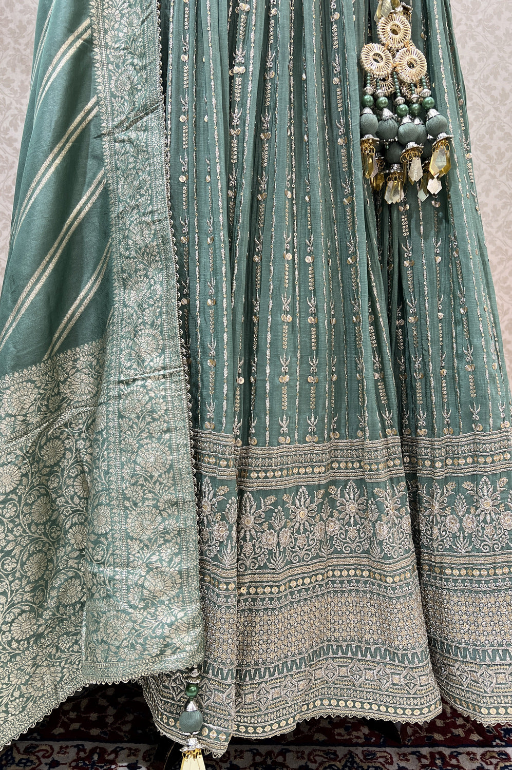 Sea Green Beads, Mirror, Sequins, Zari, Zardozi and Banaras work Crop Top Lehenga