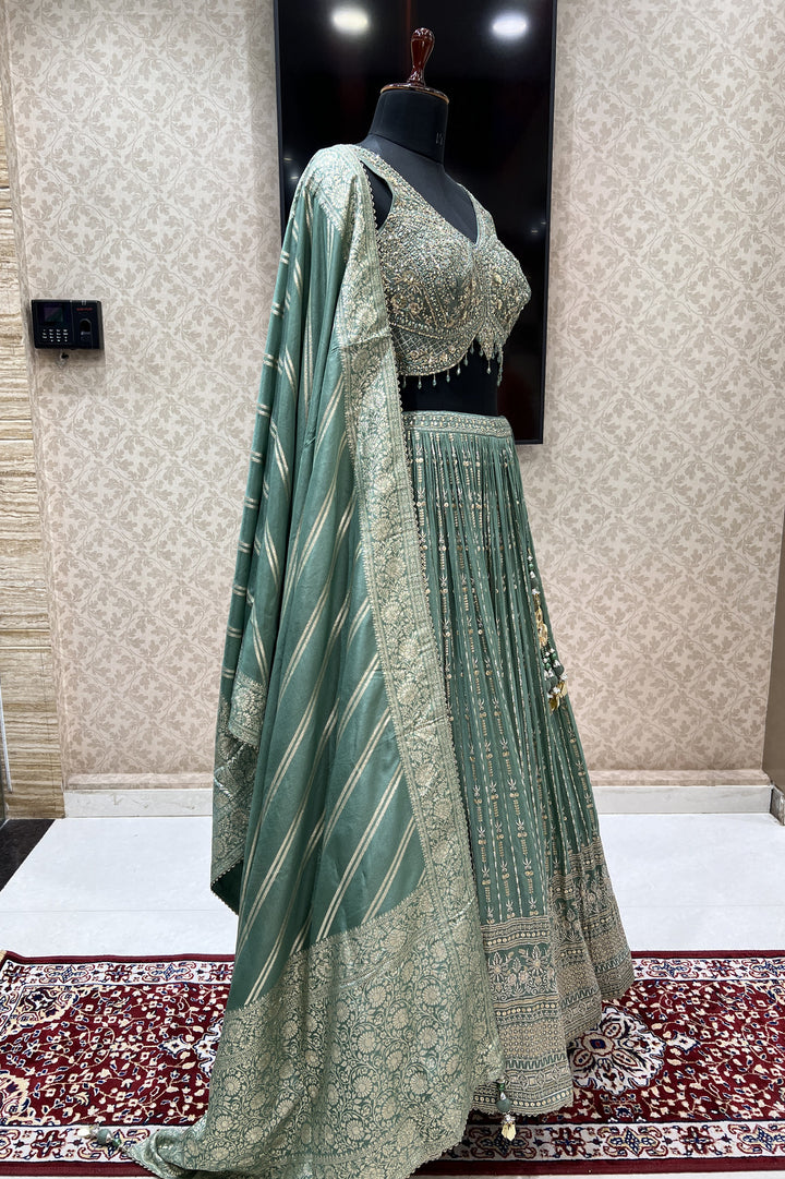 Sea Green Beads, Mirror, Sequins, Zari, Zardozi and Banaras work Crop Top Lehenga