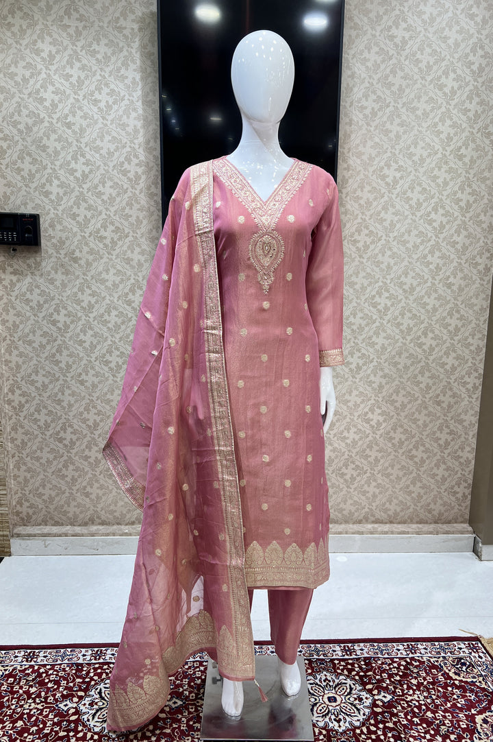 Peach Banaras, Beads and Mirror work Straight Cut Salwar Suit