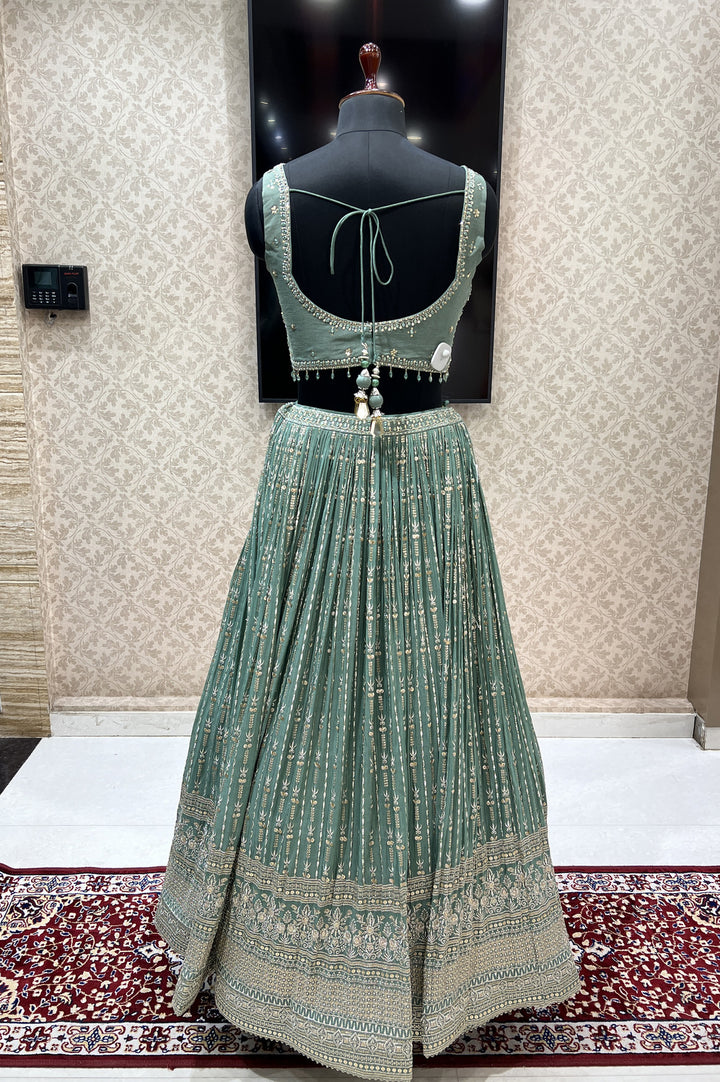 Sea Green Beads, Mirror, Sequins, Zari, Zardozi and Banaras work Crop Top Lehenga