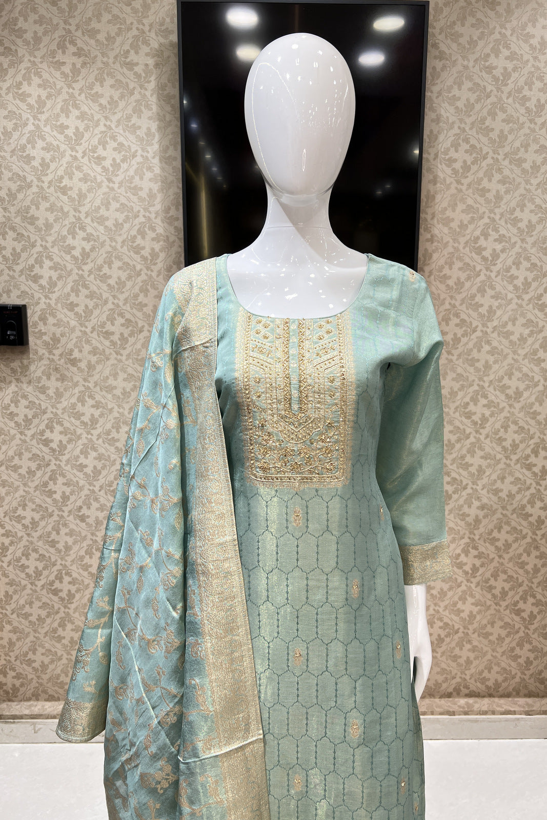 Sea Green Sequins and Zardozi work with Banaras Zari Weaving Straight Cut Salwar Suit