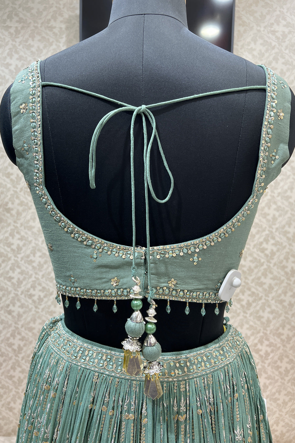 Sea Green Beads, Mirror, Sequins, Zari, Zardozi and Banaras work Crop Top Lehenga