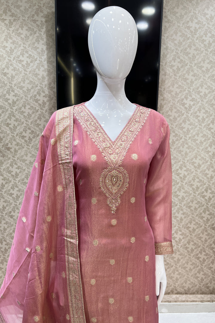 Peach Banaras, Beads and Mirror work Straight Cut Salwar Suit