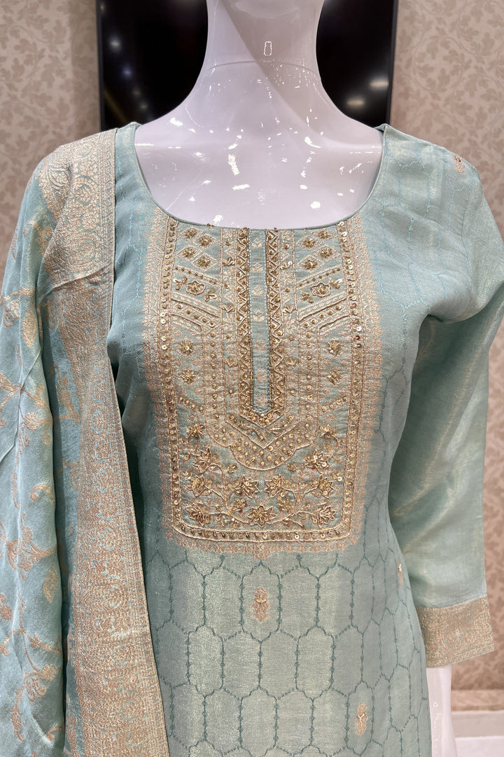 Sea Green Sequins and Zardozi work with Banaras Zari Weaving Straight Cut Salwar Suit