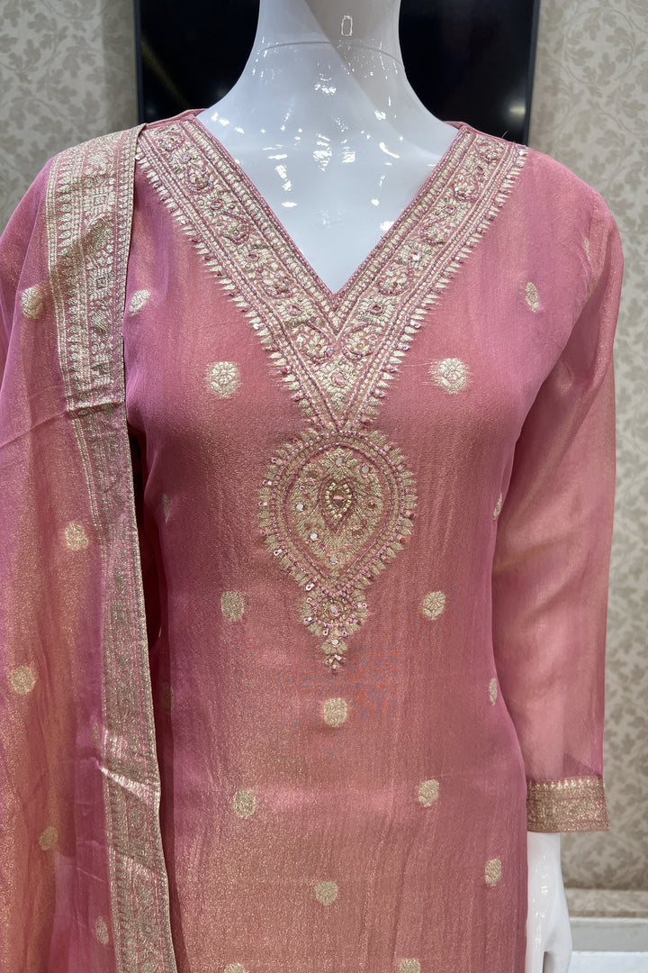 Peach Banaras, Beads and Mirror work Straight Cut Salwar Suit