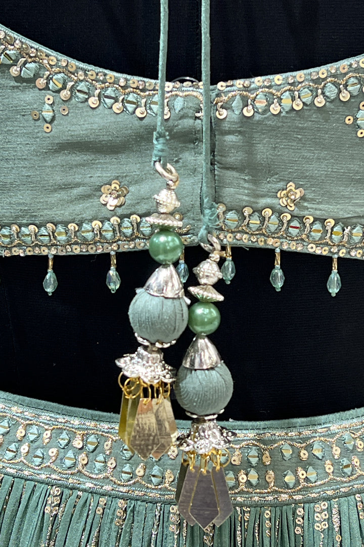 Sea Green Beads, Mirror, Sequins, Zari, Zardozi and Banaras work Crop Top Lehenga