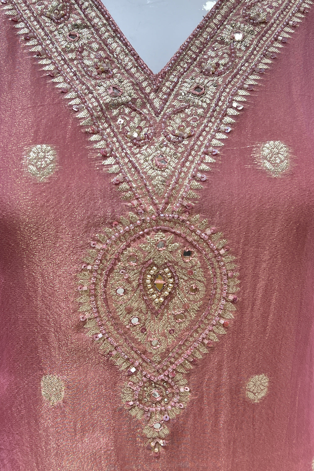 Peach Banaras, Beads and Mirror work Straight Cut Salwar Suit