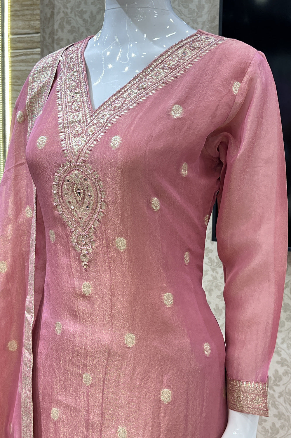 Peach Banaras, Beads and Mirror work Straight Cut Salwar Suit