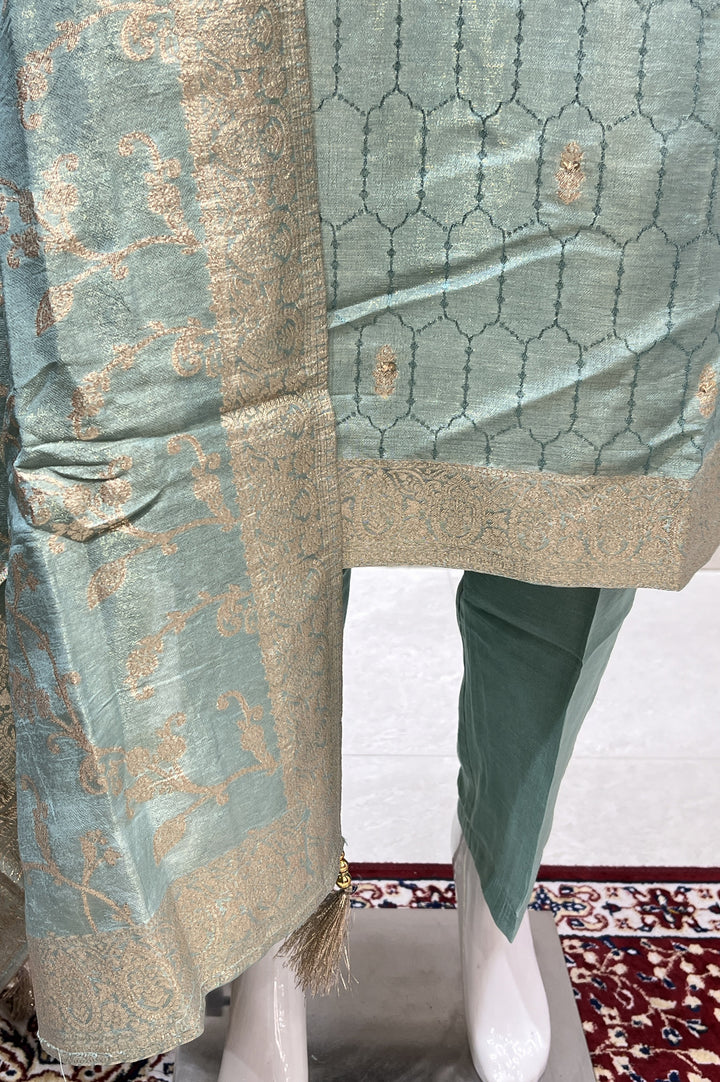 Sea Green Sequins and Zardozi work with Banaras Zari Weaving Straight Cut Salwar Suit