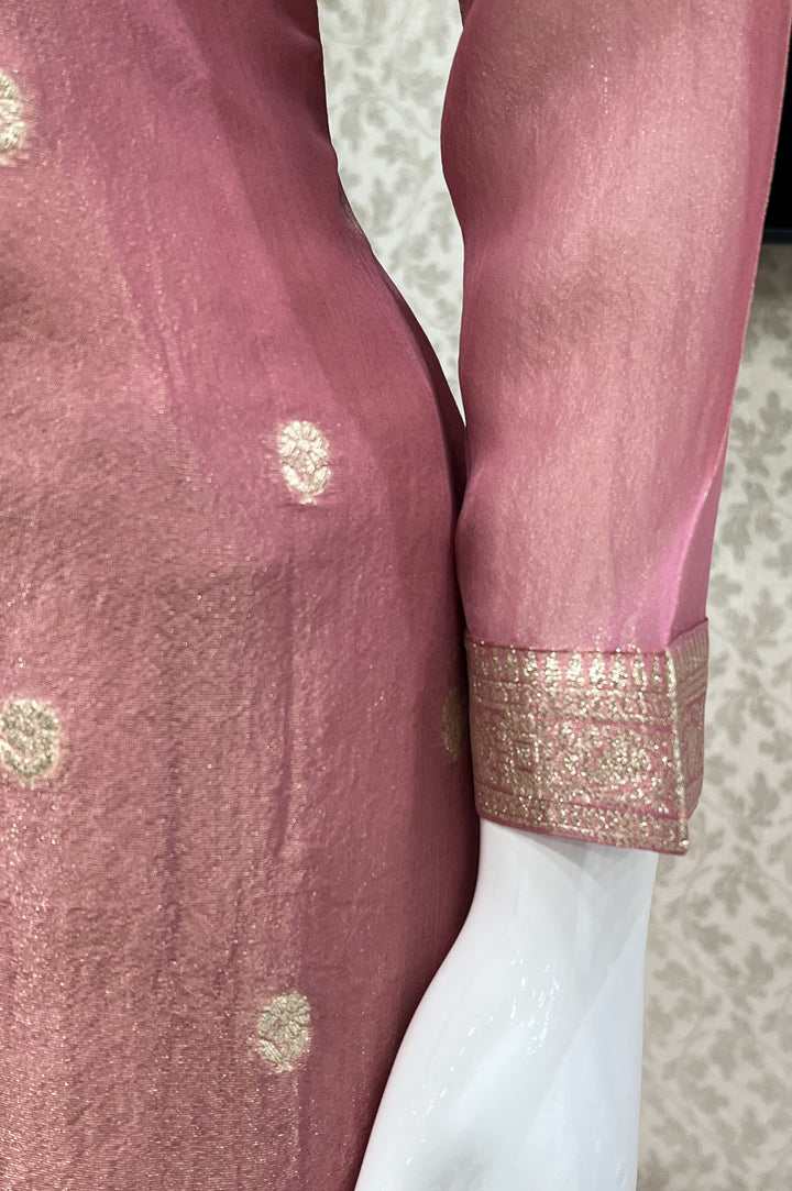 Peach Banaras, Beads and Mirror work Straight Cut Salwar Suit