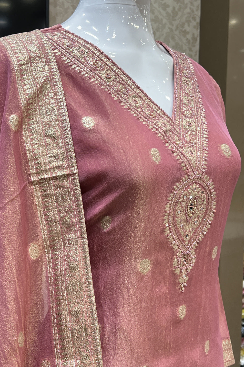 Peach Banaras, Beads and Mirror work Straight Cut Salwar Suit