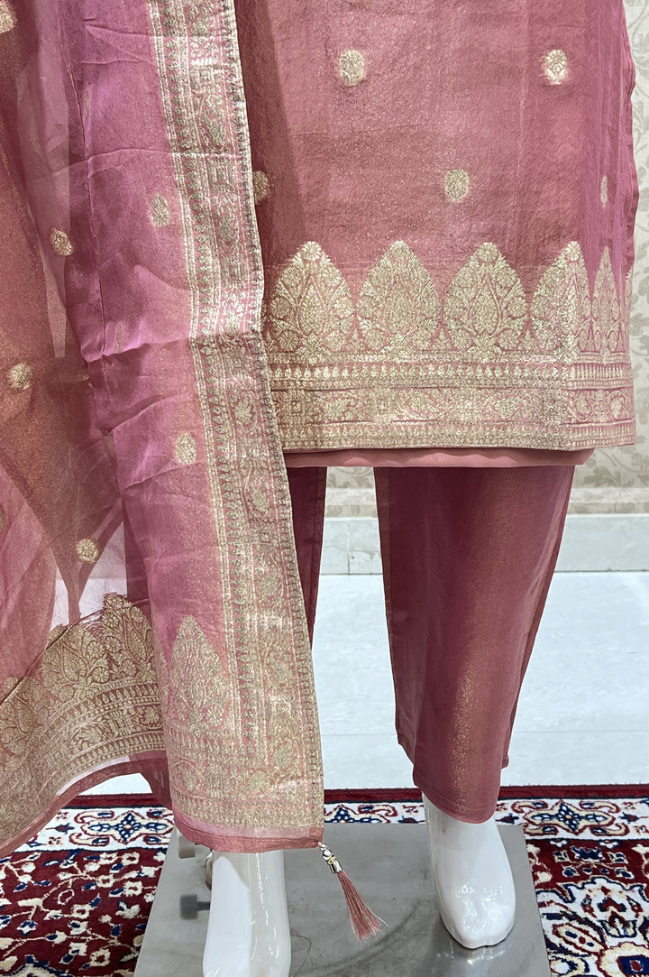 Peach Banaras, Beads and Mirror work Straight Cut Salwar Suit