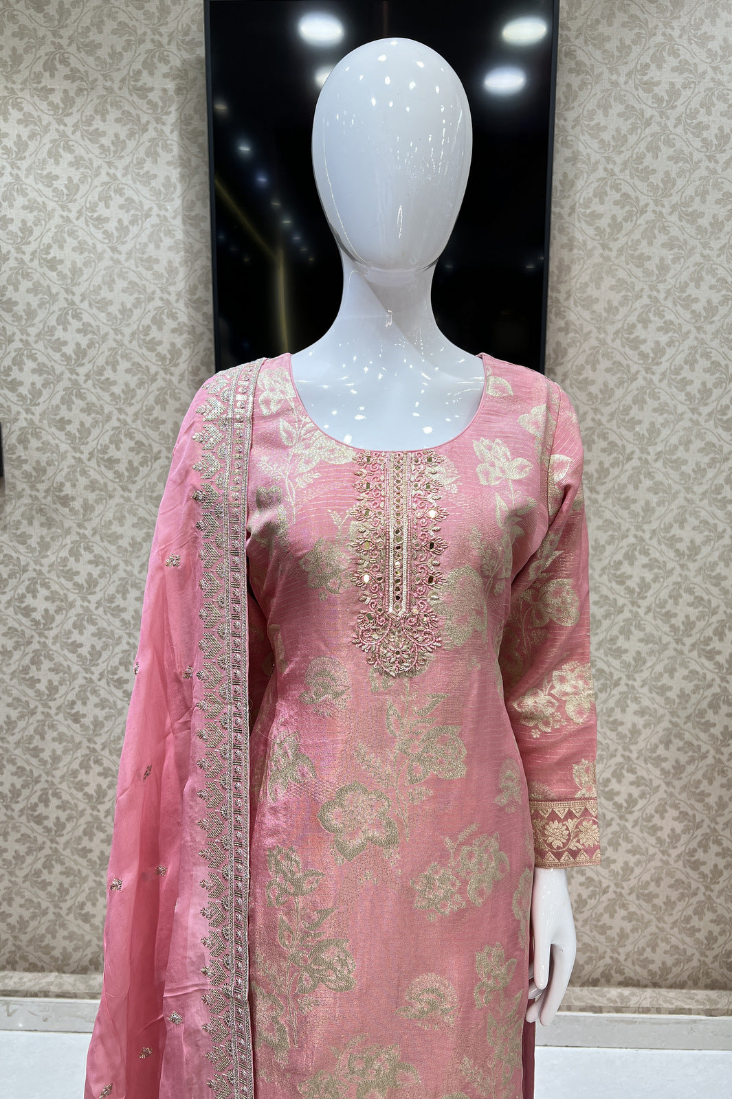 Light Pink Mirror and Sequins work with Banaras Zari Weaving Straight Cut Salwar Suit