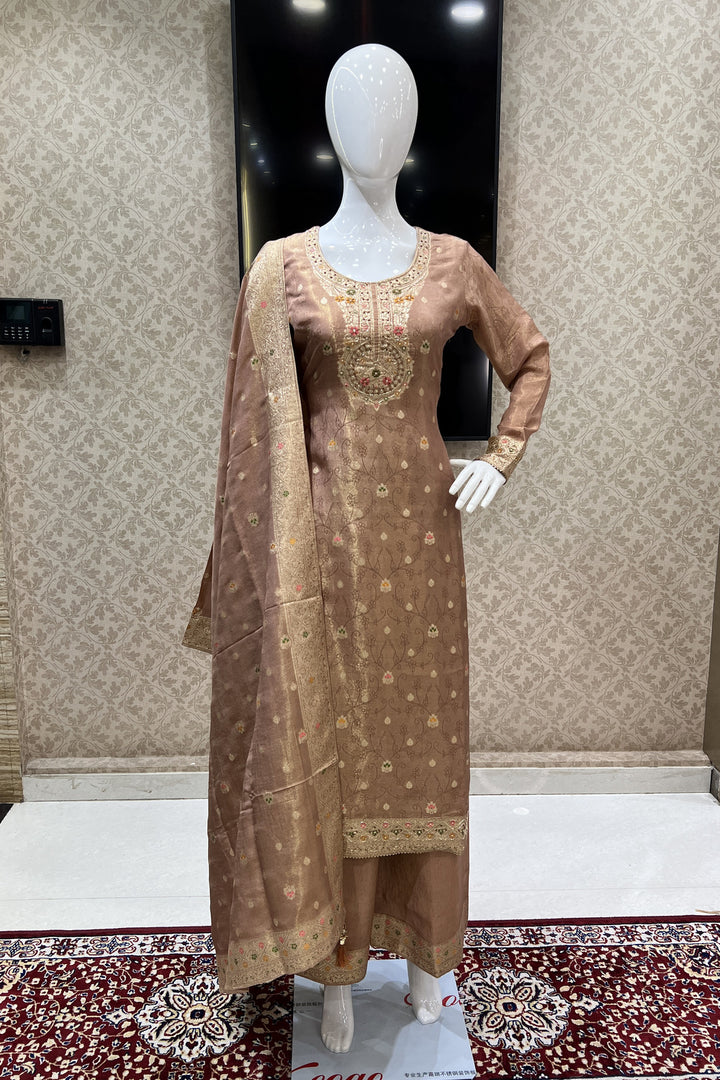 Beige Banaras, Thread and Sequins work Salwar Suit with Palazzo Pants