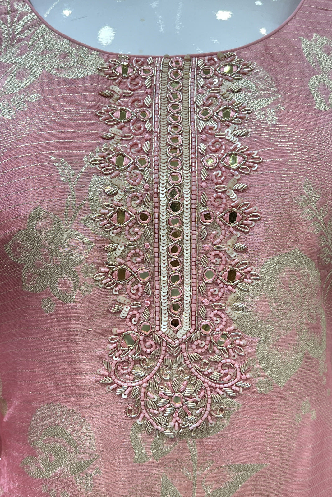 Light Pink Mirror and Sequins work with Banaras Zari Weaving Straight Cut Salwar Suit