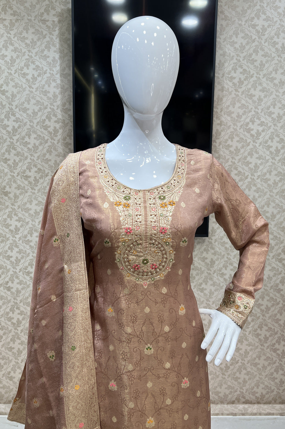 Beige Banaras, Thread and Sequins work Salwar Suit with Palazzo Pants