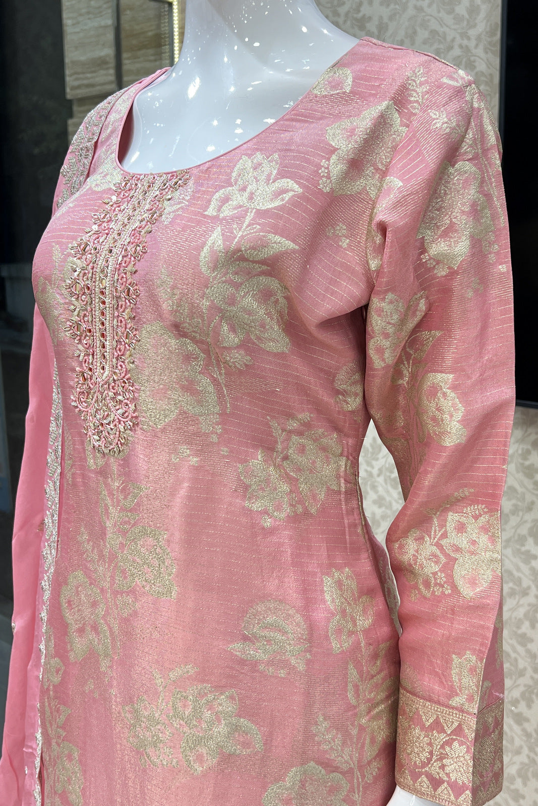 Light Pink Mirror and Sequins work with Banaras Zari Weaving Straight Cut Salwar Suit