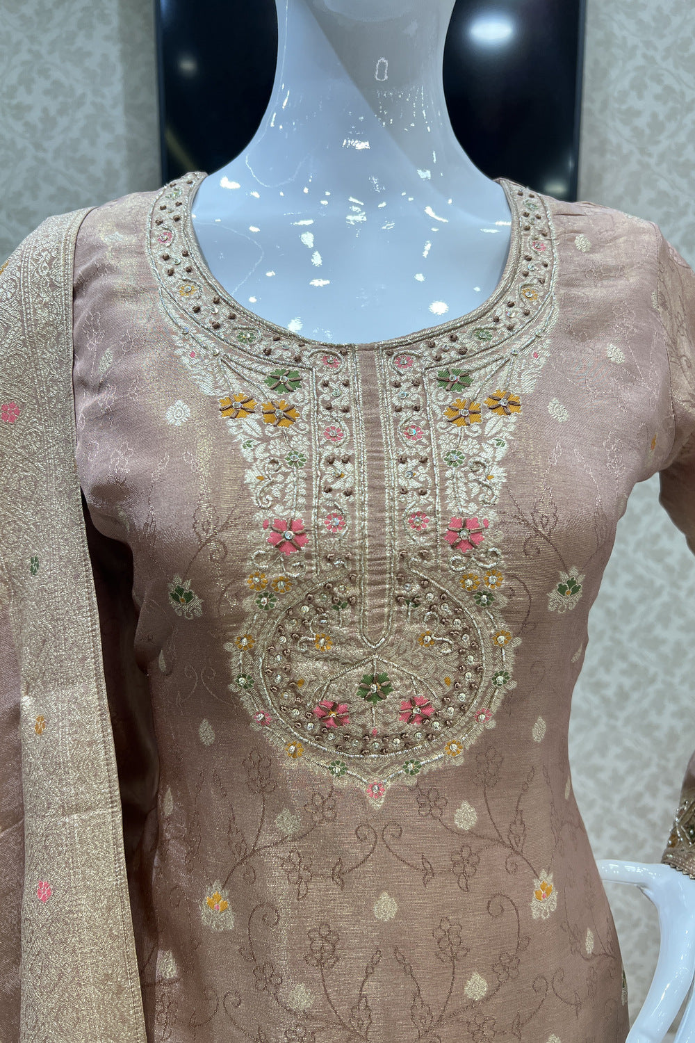 Beige Banaras, Thread and Sequins work Salwar Suit with Palazzo Pants