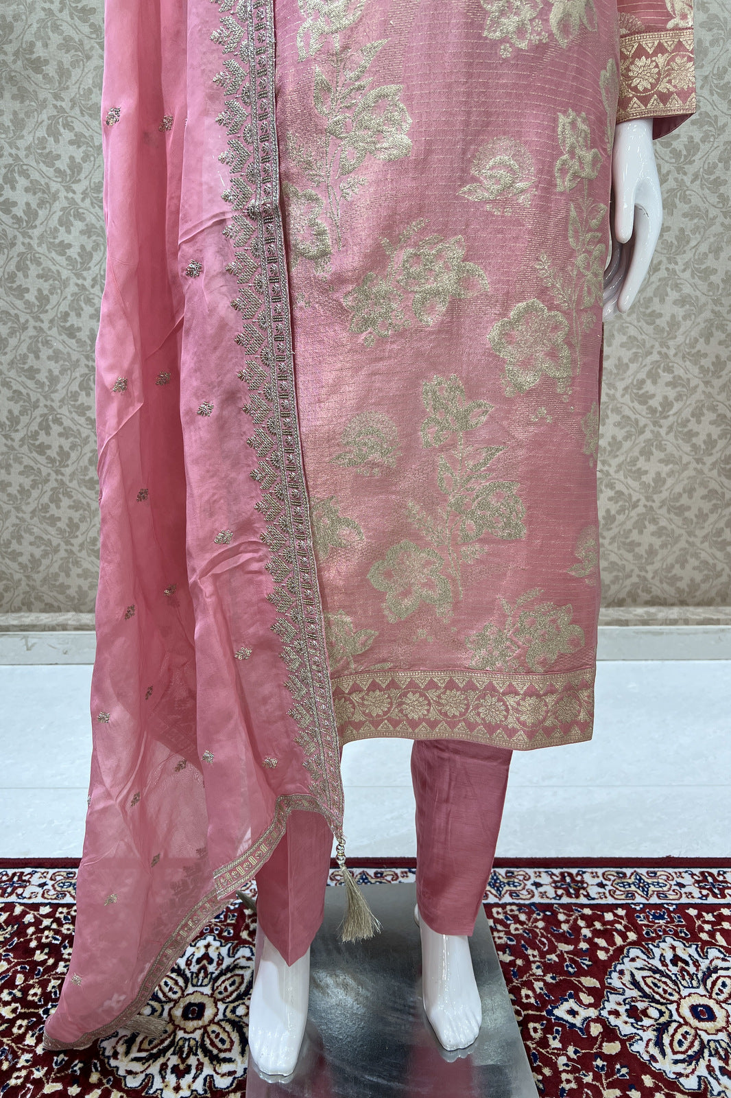 Light Pink Mirror and Sequins work with Banaras Zari Weaving Straight Cut Salwar Suit