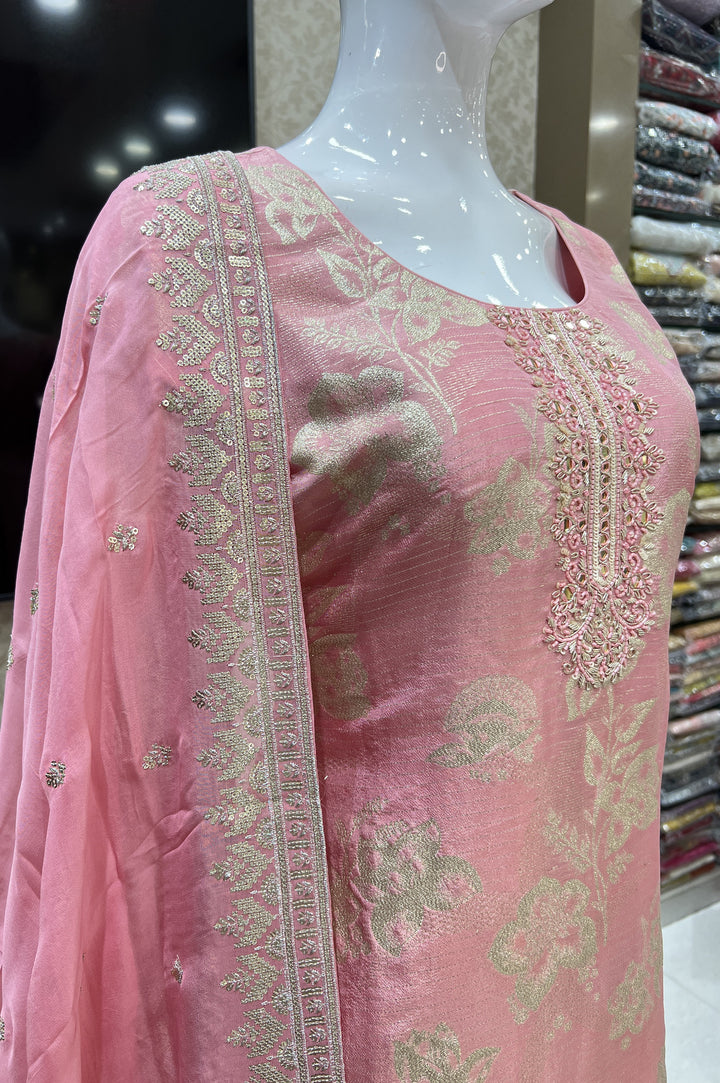 Light Pink Mirror and Sequins work with Banaras Zari Weaving Straight Cut Salwar Suit