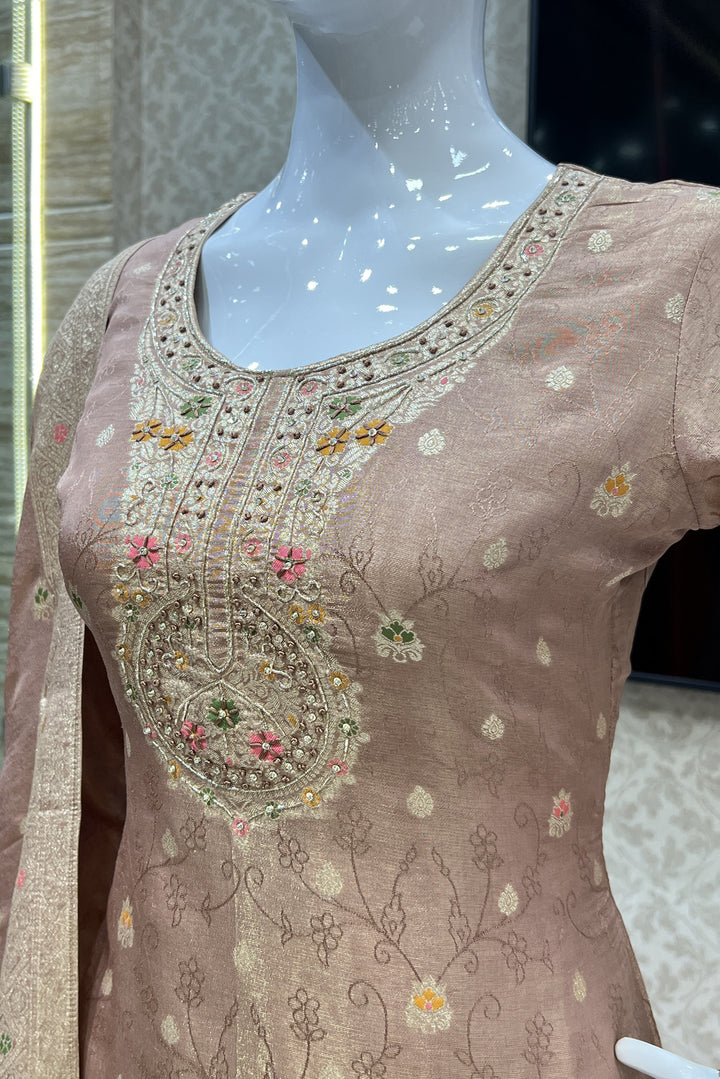 Beige Banaras, Thread and Sequins work Salwar Suit with Palazzo Pants