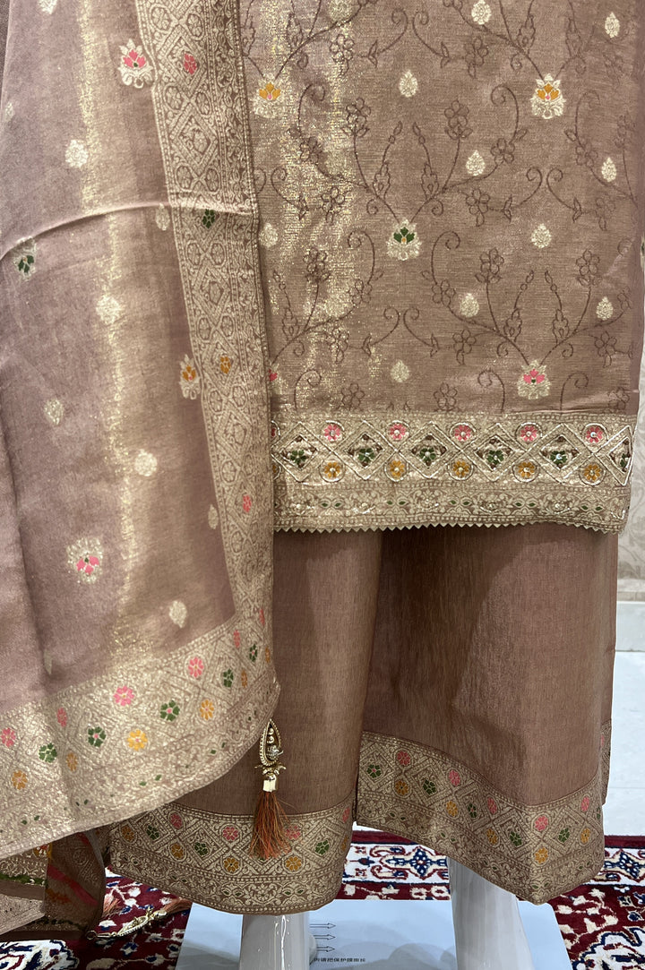 Beige Banaras, Thread and Sequins work Salwar Suit with Palazzo Pants