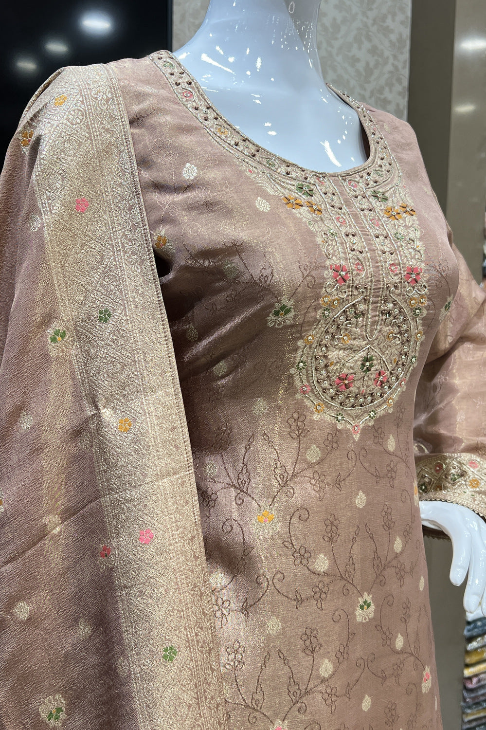 Beige Banaras, Thread and Sequins work Salwar Suit with Palazzo Pants