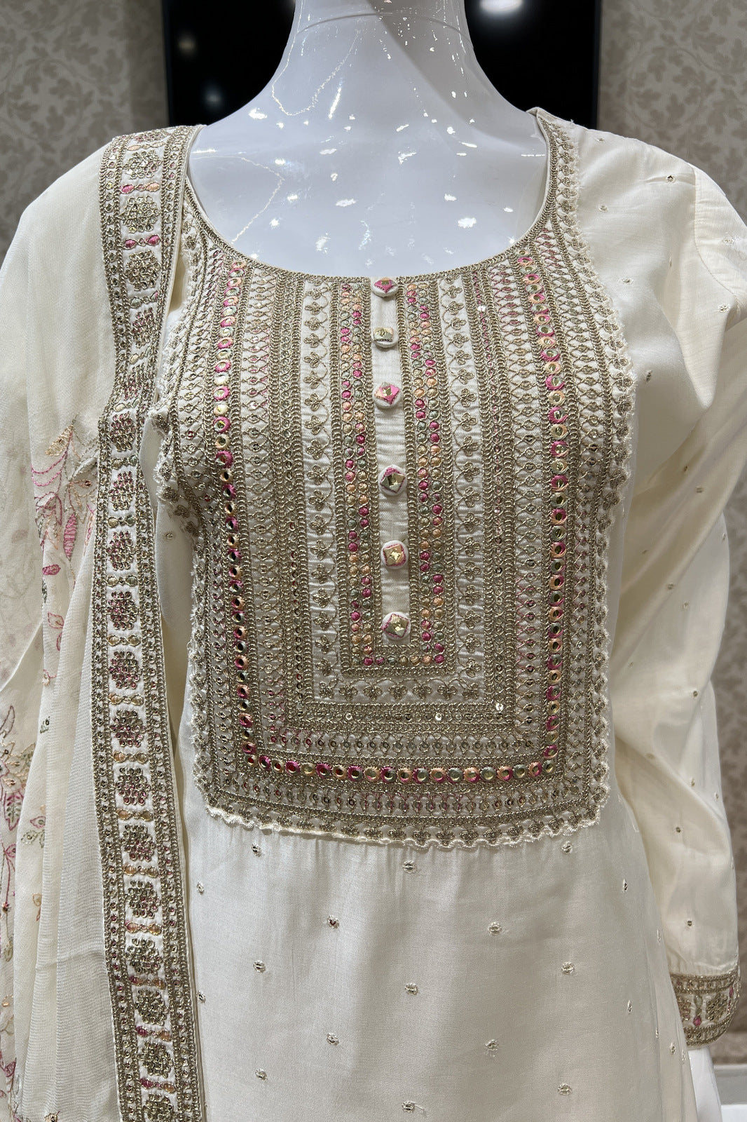 Cream Thread, Zari and Sequins work Straight Cut Salwar Suit