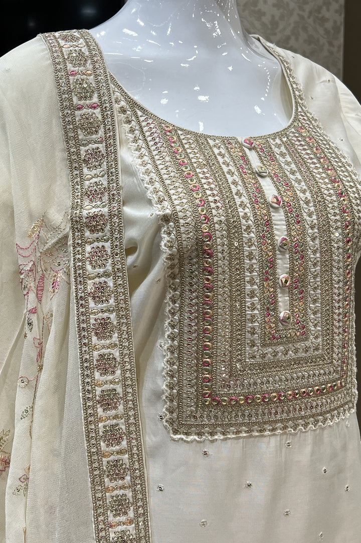 Cream Thread, Zari and Sequins work Straight Cut Salwar Suit