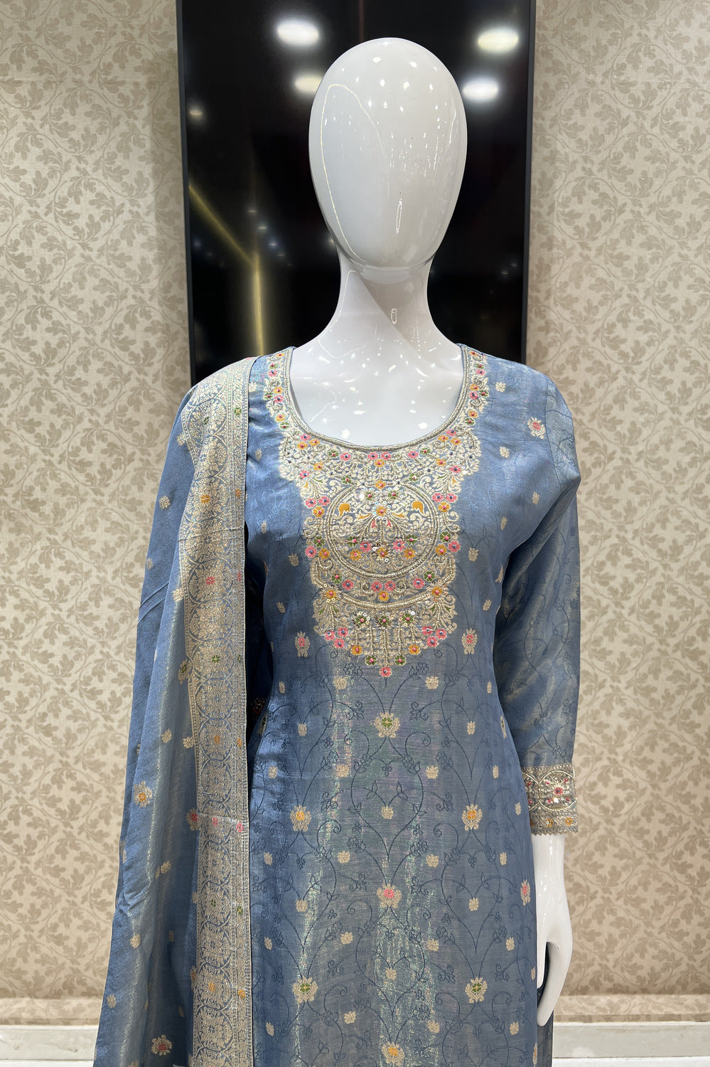 Light Blue Banaras, Sequins and Multicolor Thread work Salwar Suit with Palazzo Pants