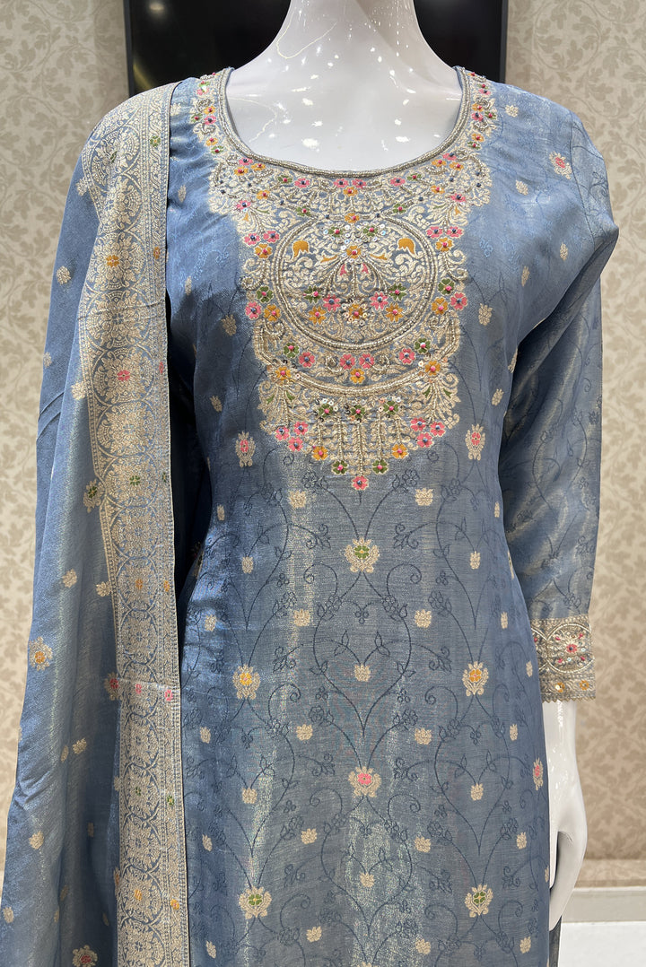 Light Blue Banaras, Sequins and Multicolor Thread work Salwar Suit with Palazzo Pants