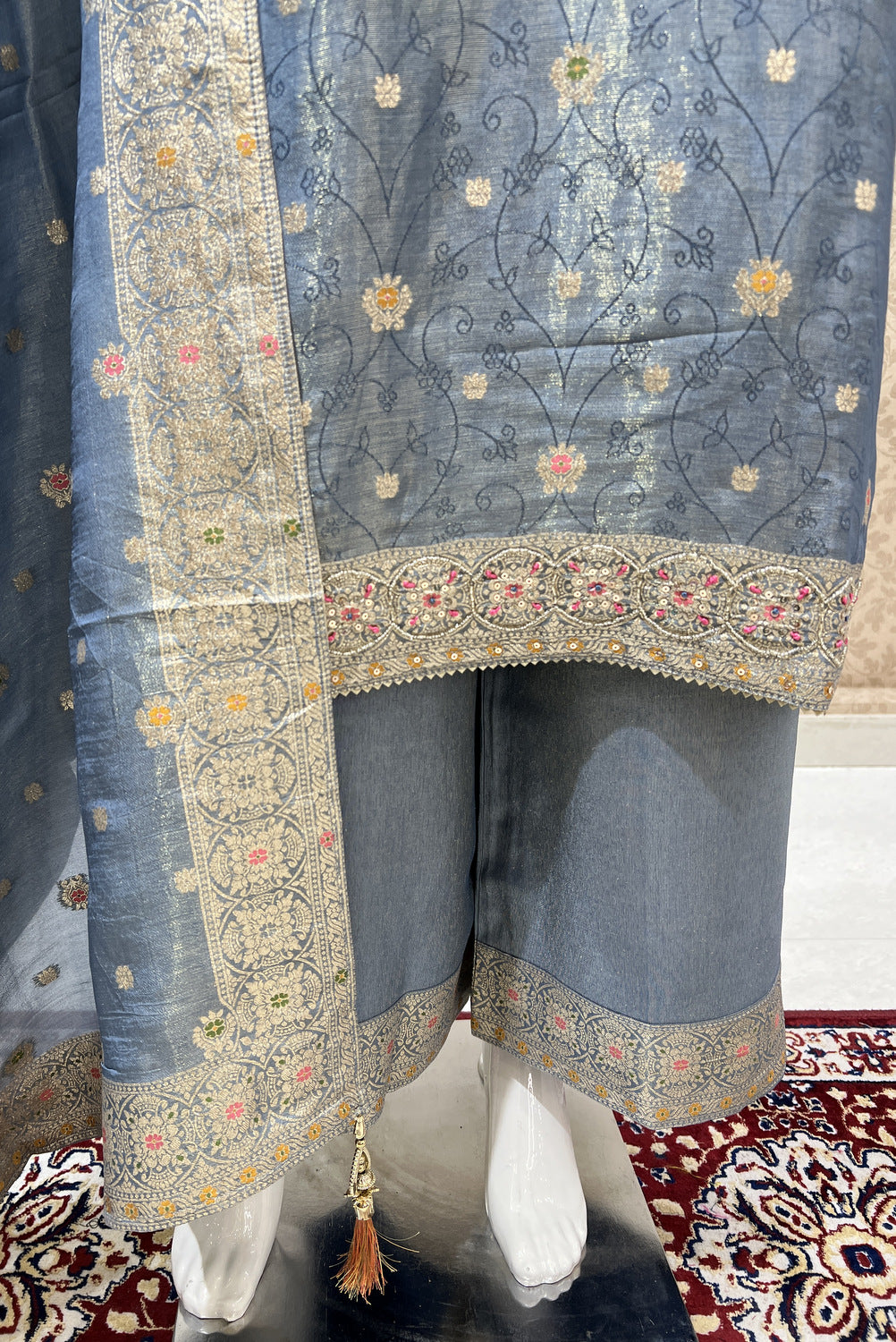 Light Blue Banaras, Sequins and Multicolor Thread work Salwar Suit with Palazzo Pants