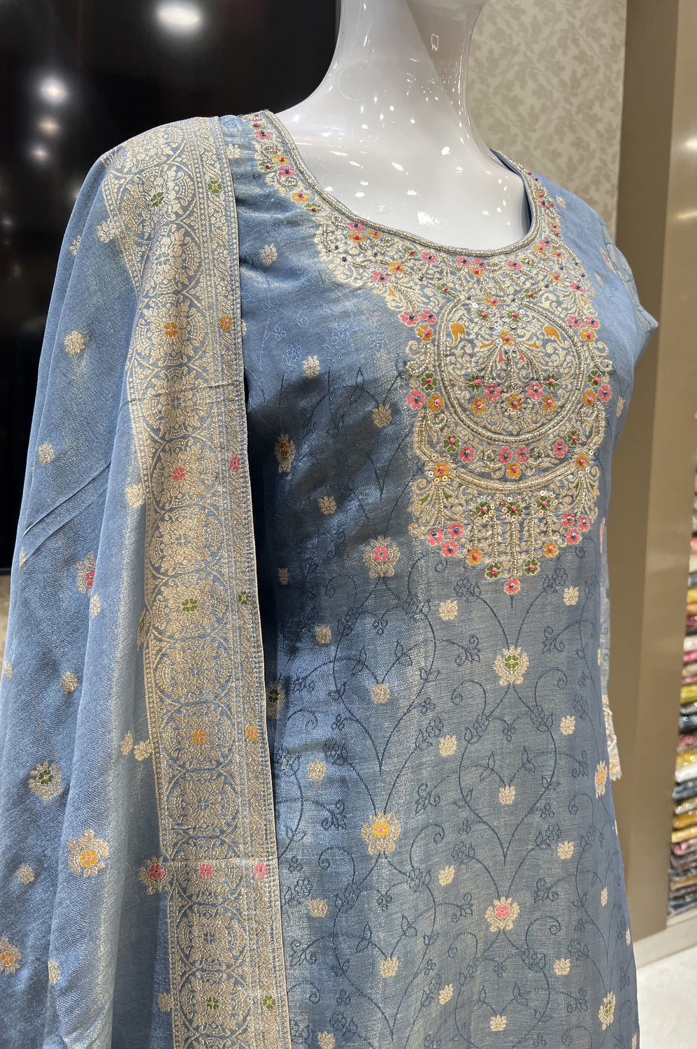 Light Blue Banaras, Sequins and Multicolor Thread work Salwar Suit with Palazzo Pants