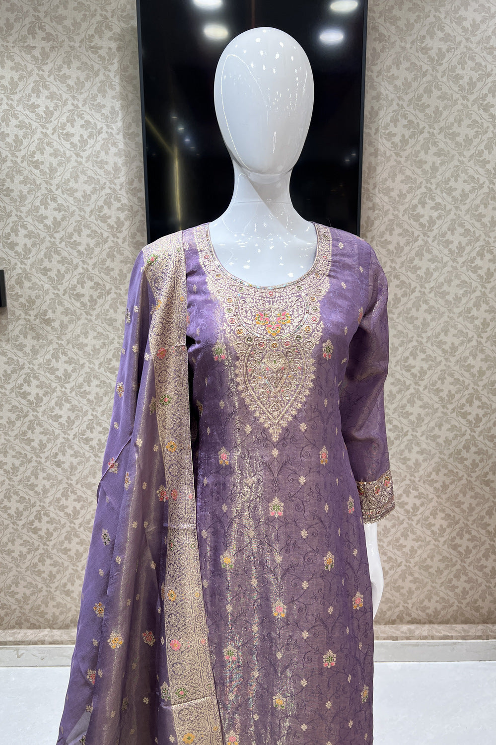 Lavender Banaras, Sequins and Multicolor Thread work Salwar Suit with Palazzo Pants