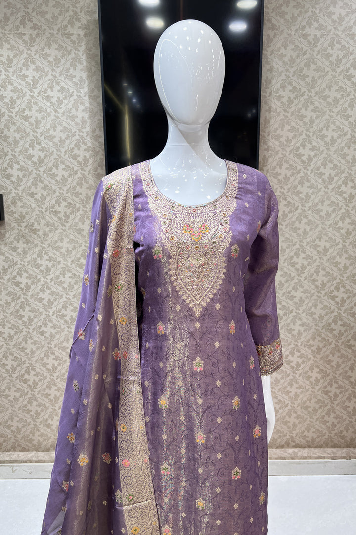 Lavender Banaras, Sequins and Multicolor Thread work Salwar Suit with Palazzo Pants