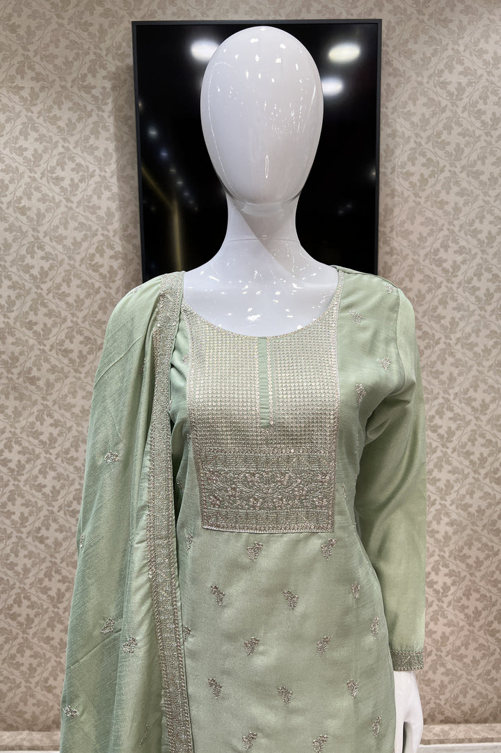 Pista Green Zari, Thread and Sequins work Straight Cut Salwar Suit