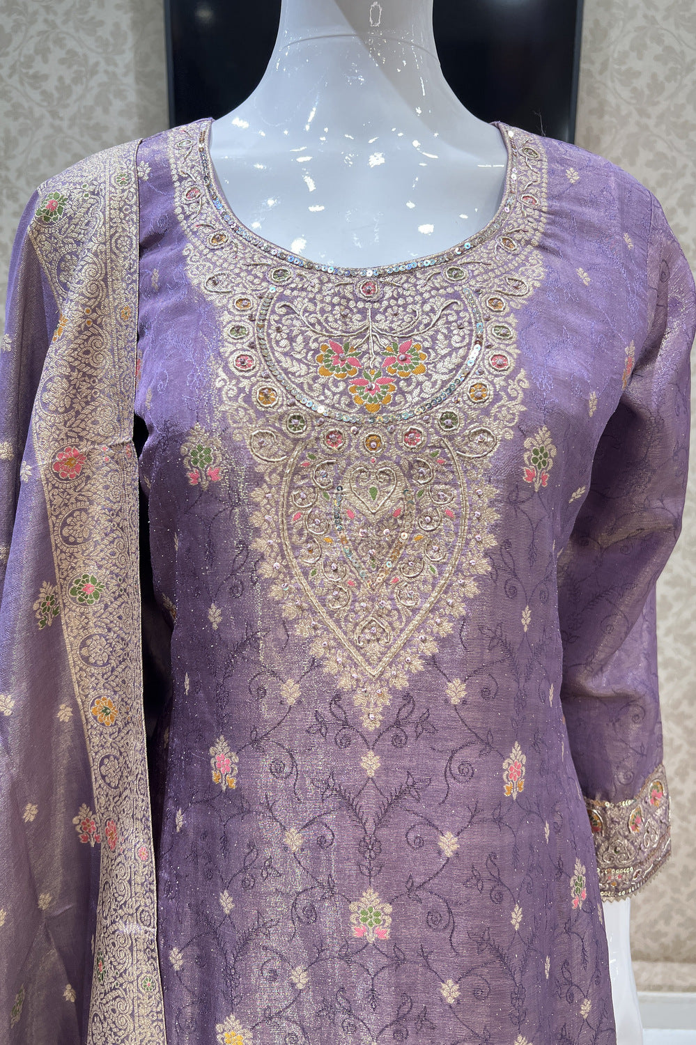 Lavender Banaras, Sequins and Multicolor Thread work Salwar Suit with Palazzo Pants