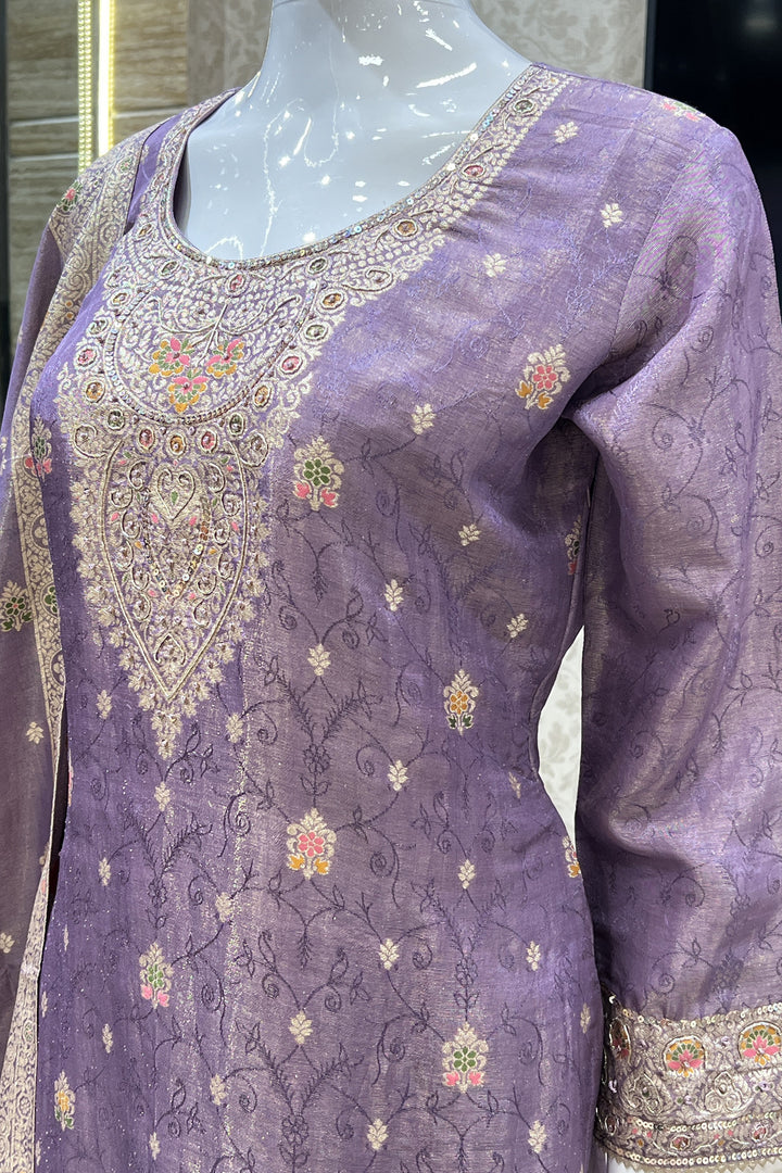 Lavender Banaras, Sequins and Multicolor Thread work Salwar Suit with Palazzo Pants