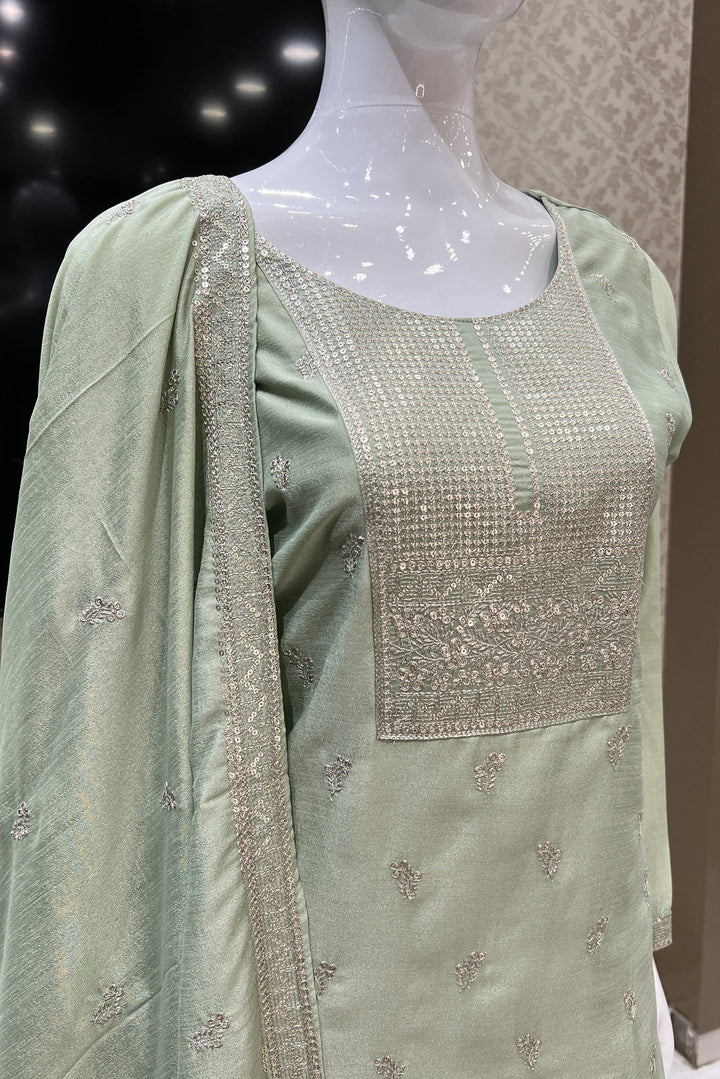 Pista Green Zari, Thread and Sequins work Straight Cut Salwar Suit