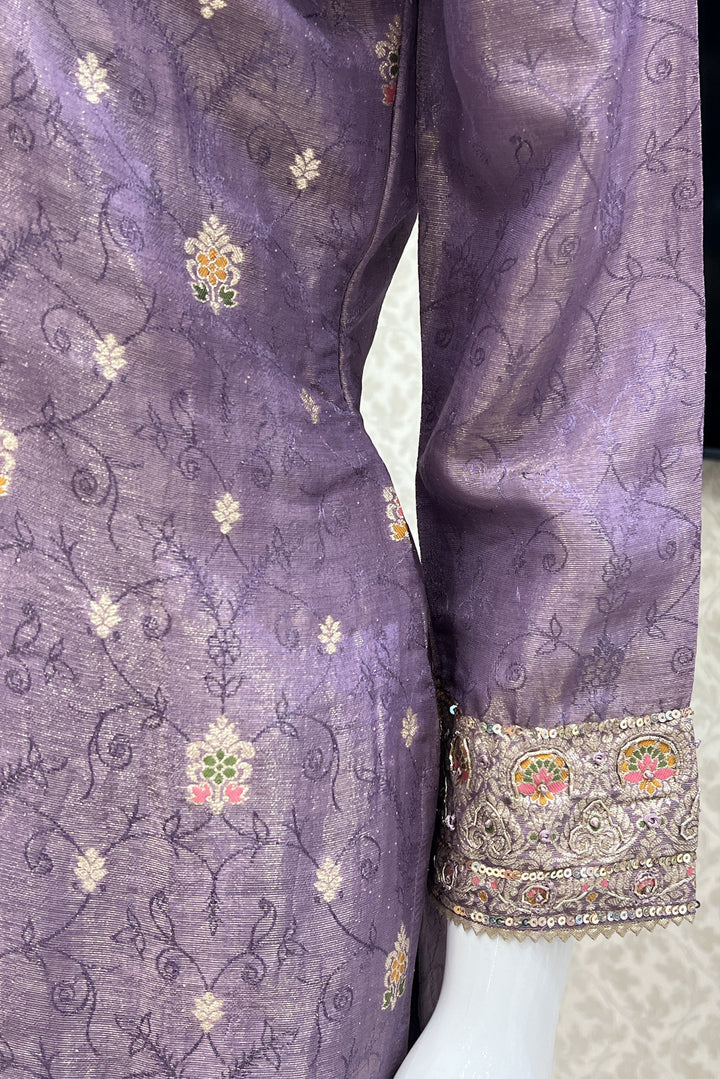 Lavender Banaras, Sequins and Multicolor Thread work Salwar Suit with Palazzo Pants