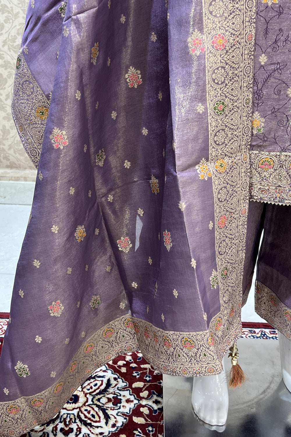 Lavender Banaras, Sequins and Multicolor Thread work Salwar Suit with Palazzo Pants