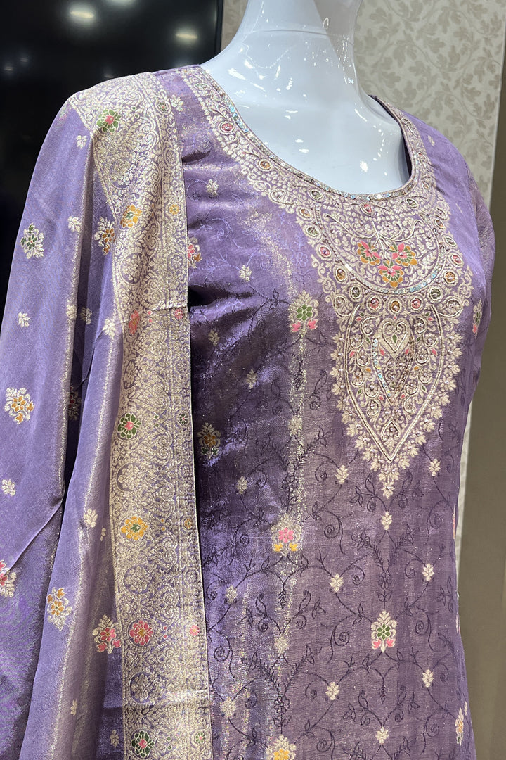 Lavender Banaras, Sequins and Multicolor Thread work Salwar Suit with Palazzo Pants