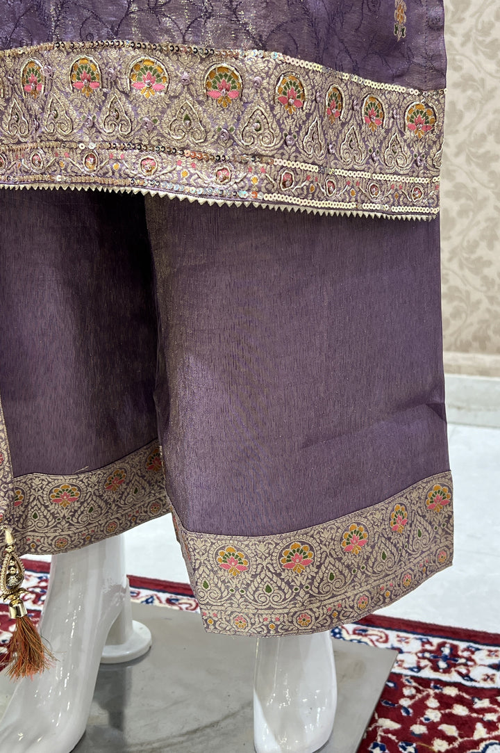 Lavender Banaras, Sequins and Multicolor Thread work Salwar Suit with Palazzo Pants